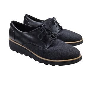 Clarks Sharon Rae Black Leather Tweed Wedge Preppy Oxford Comfort 8.5M